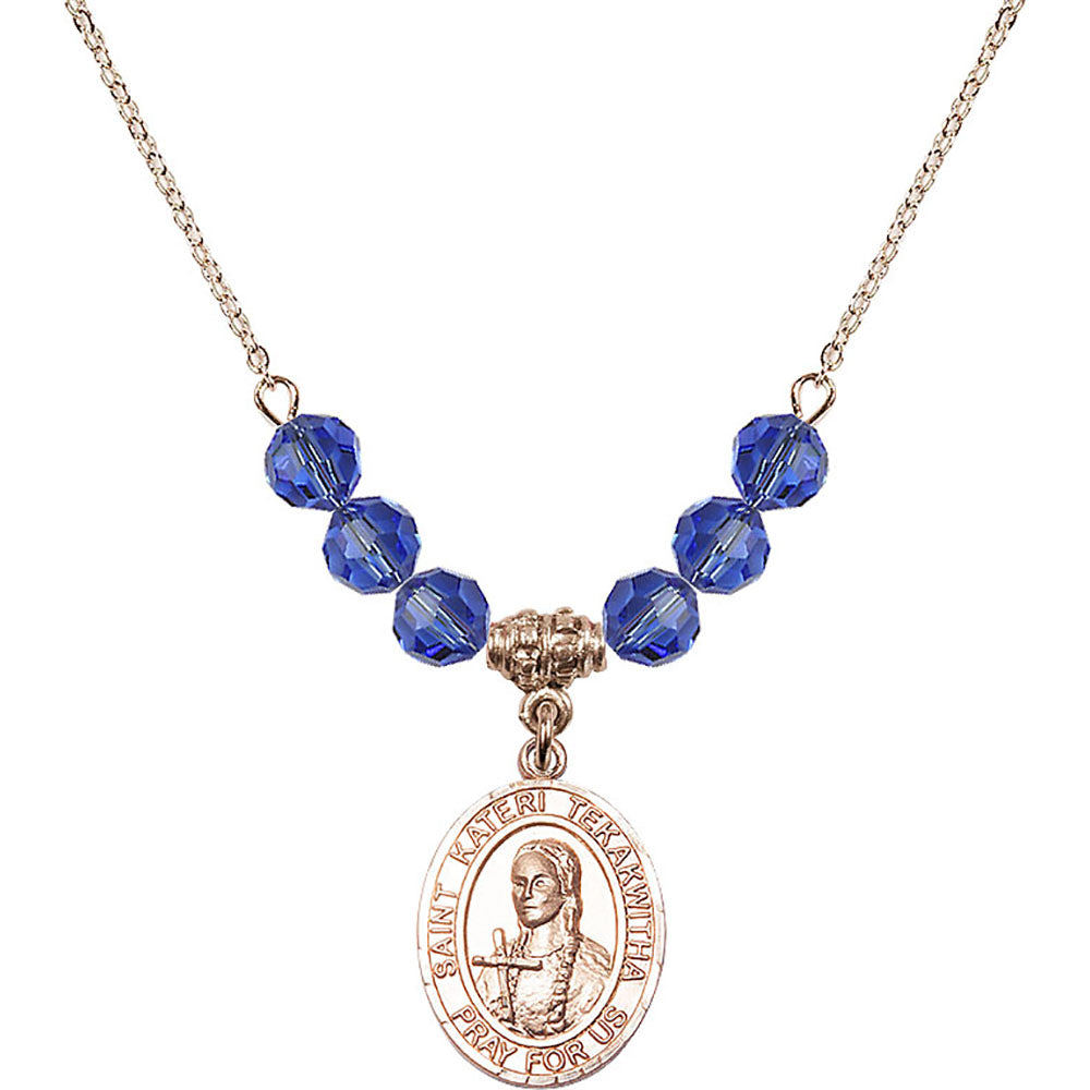 14kt Gold Filled Saint Kateri Tekakwitha Birthstone Necklace with Sapphire Beads - 8438
