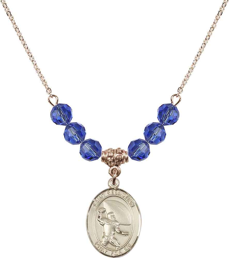 14kt Gold Filled Saint Sebastian / Football Birthstone Necklace with Sapphire Beads - 8601