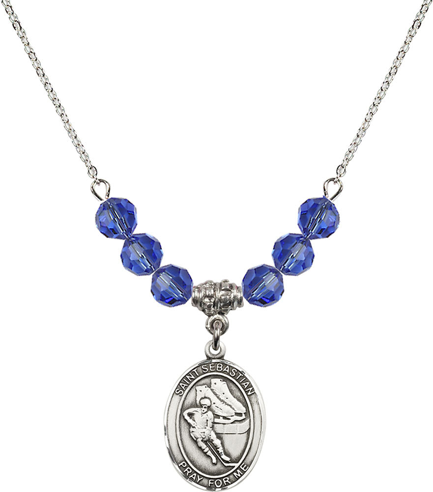 Sterling Silver Saint Sebastian / Hockey Birthstone Necklace with Sapphire Beads - 8604