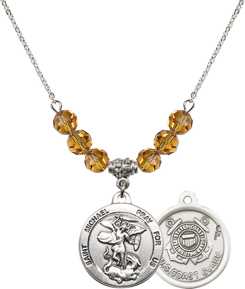 Sterling Silver Saint Michael / Coast Guard Birthstone Necklace with Topaz Beads - 0342