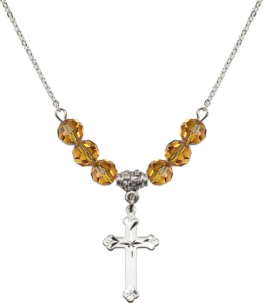 Sterling Silver Cross Birthstone Necklace with Topaz Beads - 0667