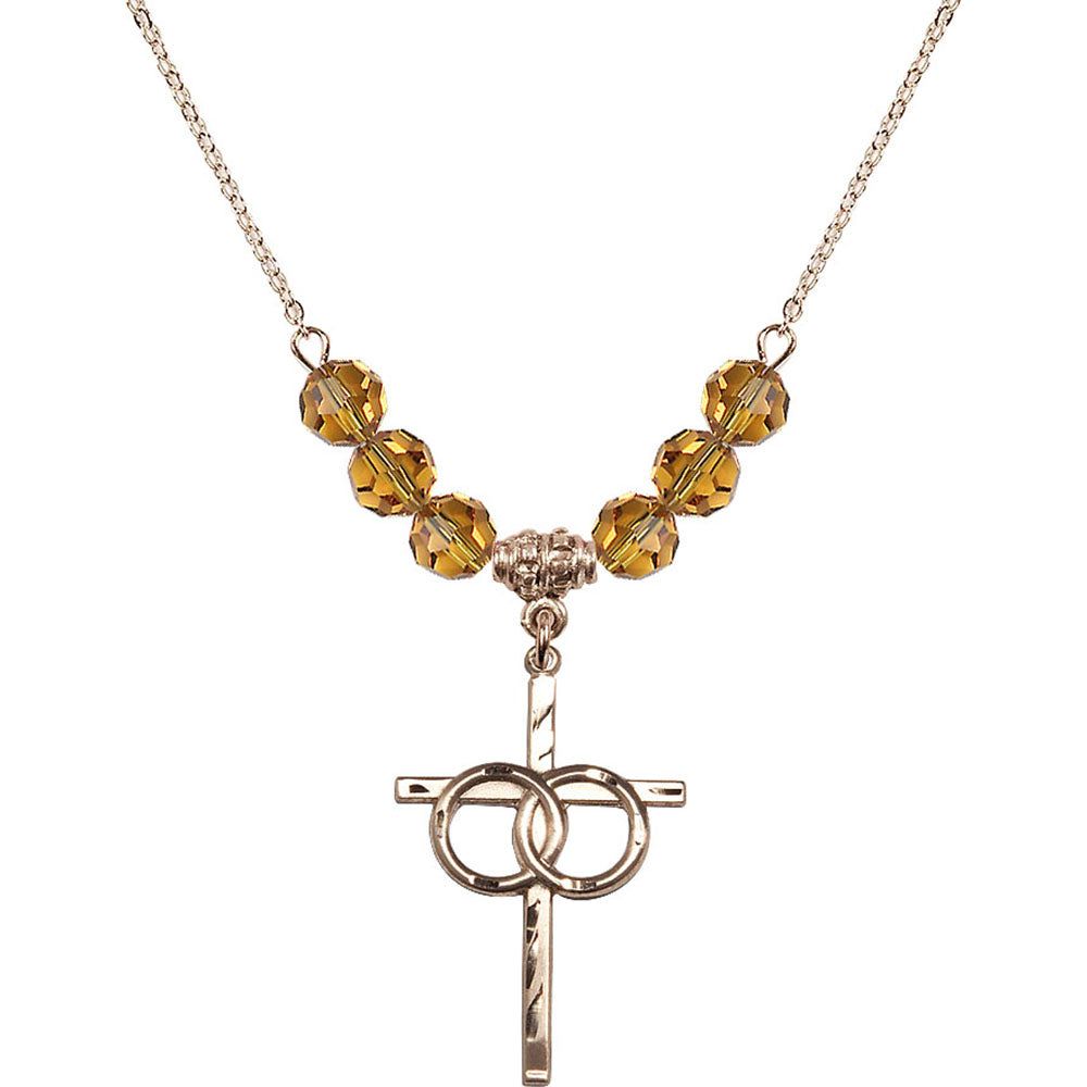 14kt Gold Filled Wedding Rings Cross Birthstone Necklace with Topaz Beads - 0671