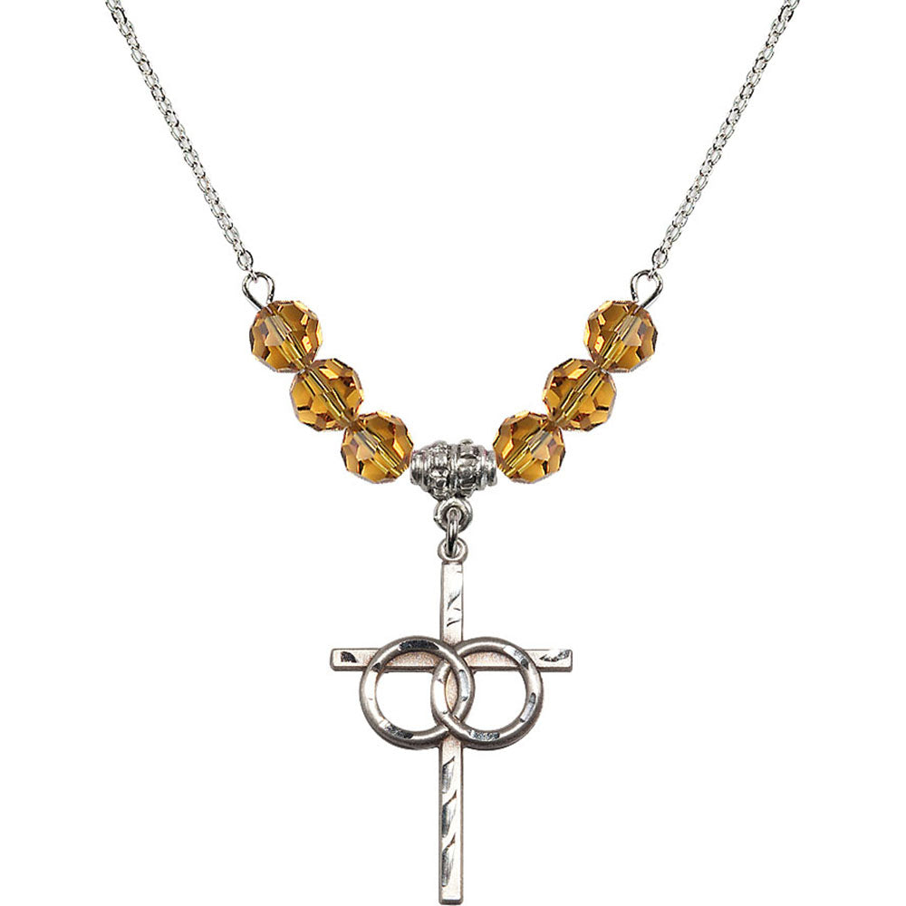 Sterling Silver Wedding Rings Cross Birthstone Necklace with Topaz Beads - 0671