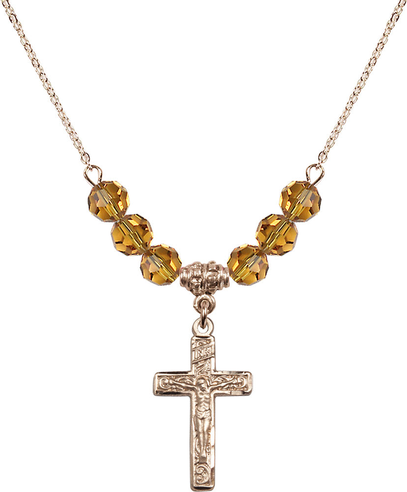 14kt Gold Filled Crucifix Birthstone Necklace with Topaz Beads - 0673