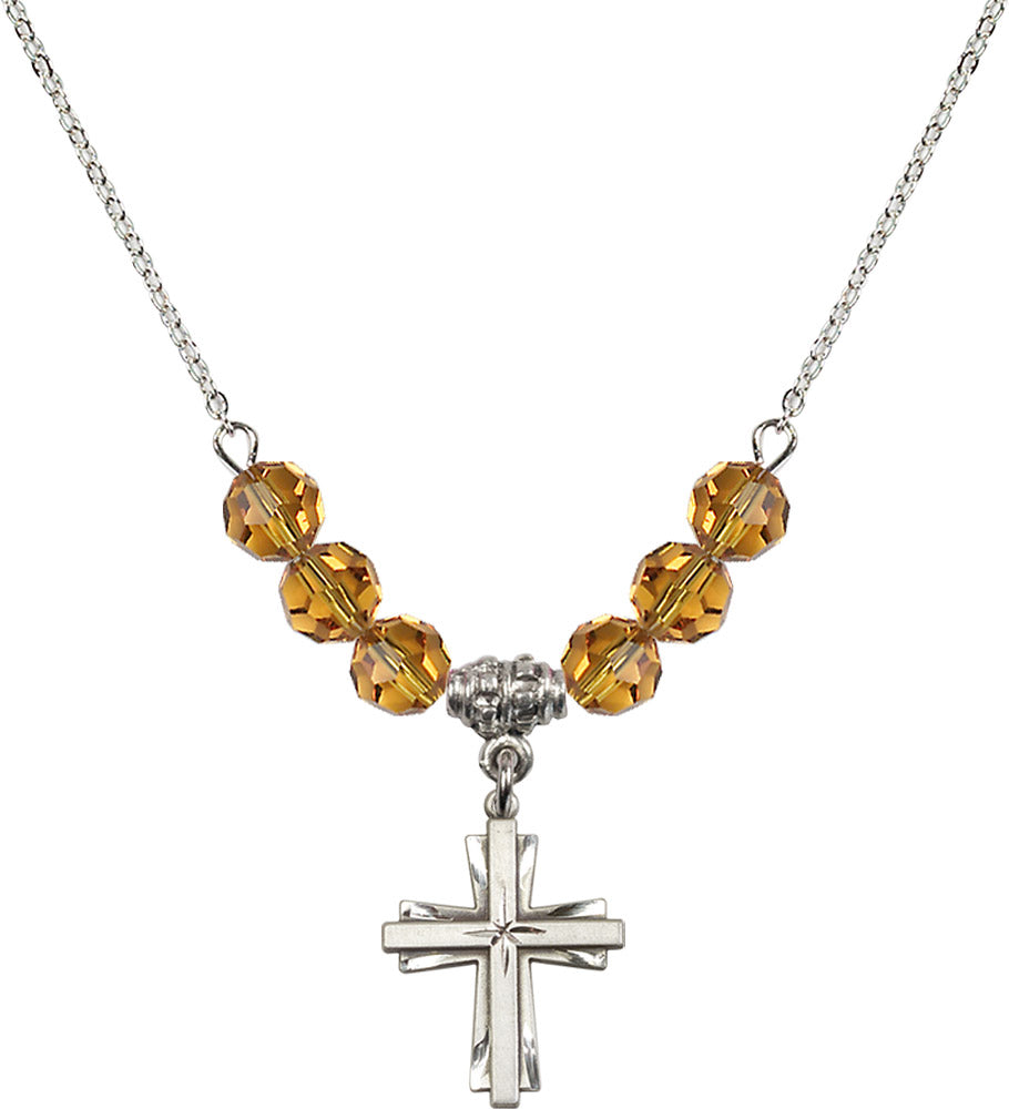 Sterling Silver Cross Birthstone Necklace with Topaz Beads - 0675