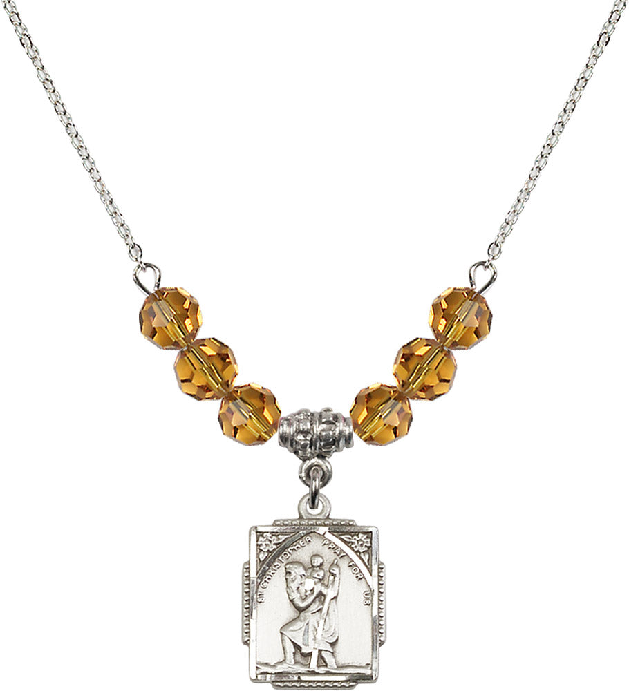 Sterling Silver Saint Christopher Birthstone Necklace with Topaz Beads - 0804