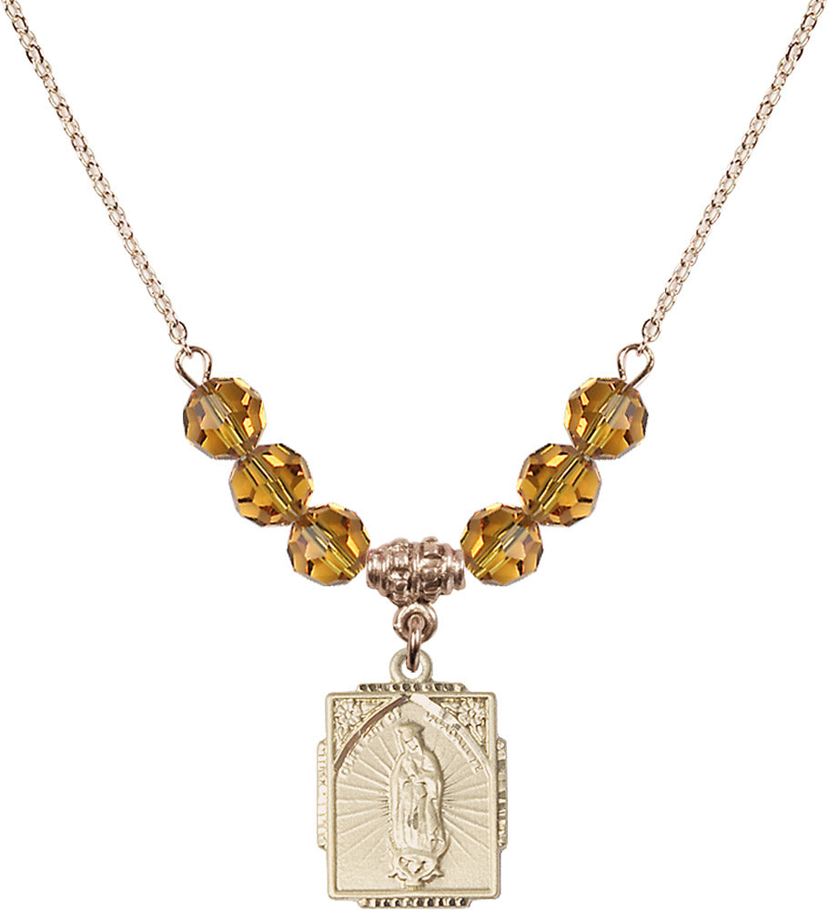 14kt Gold Filled Our Lady of Guadalupe Birthstone Necklace with Topaz Beads - 0804