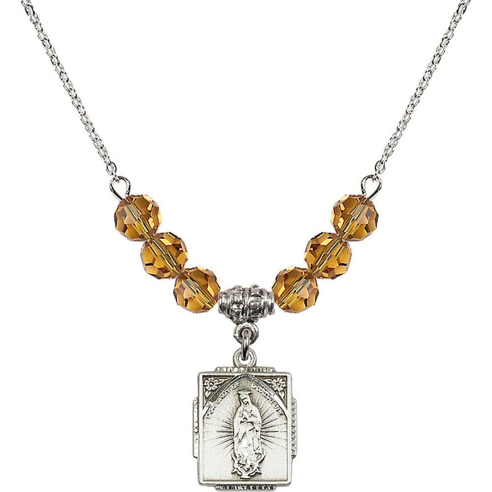 Sterling Silver Our Lady of Guadalupe Birthstone Necklace with Topaz Beads - 0804