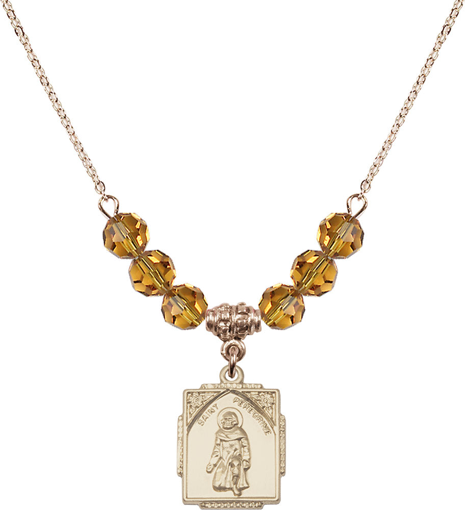 14kt Gold Filled Saint Peregrine Birthstone Necklace with Topaz Beads - 0804