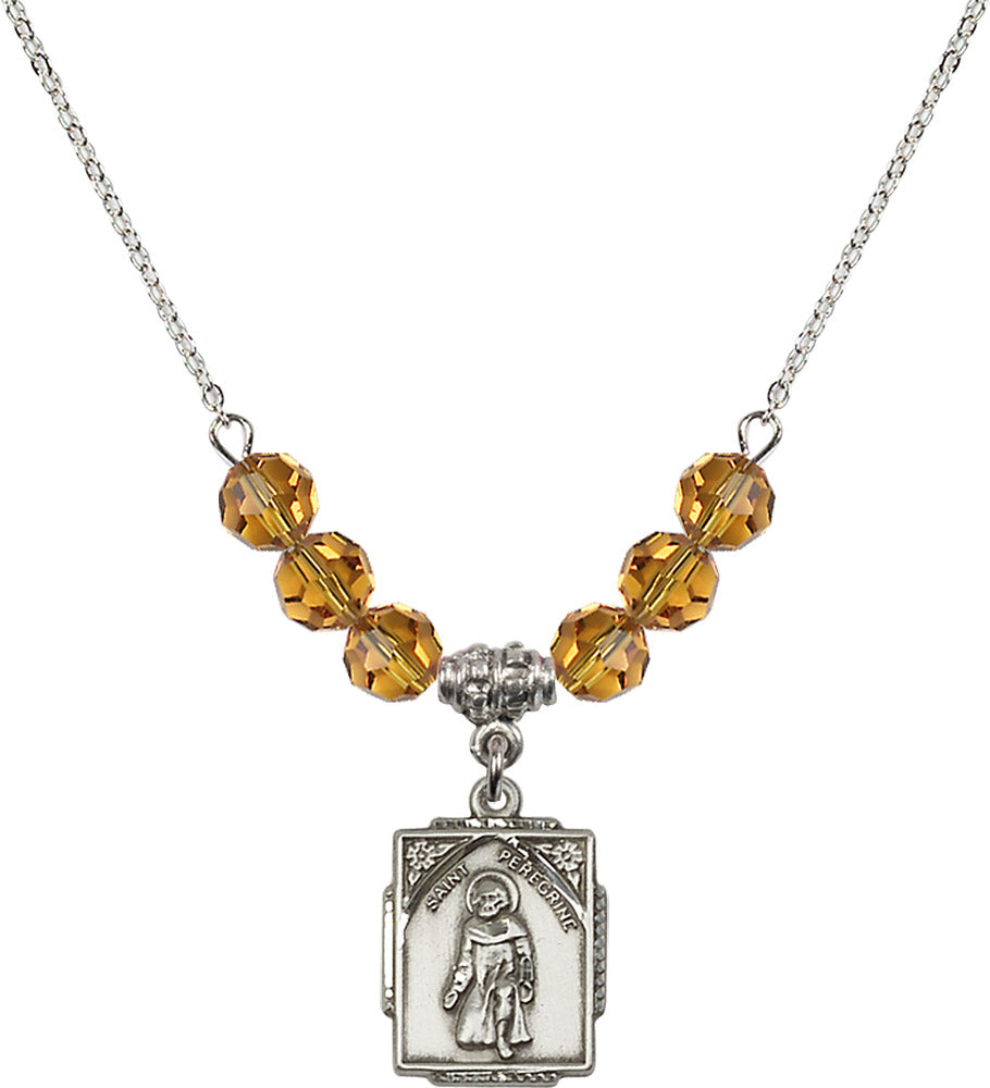 Sterling Silver Saint Peregrine Birthstone Necklace with Topaz Beads - 0804