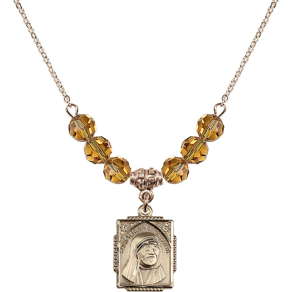 14kt Gold Filled Saint Teresa of Calcutta Birthstone Necklace with Topaz Beads - 0804