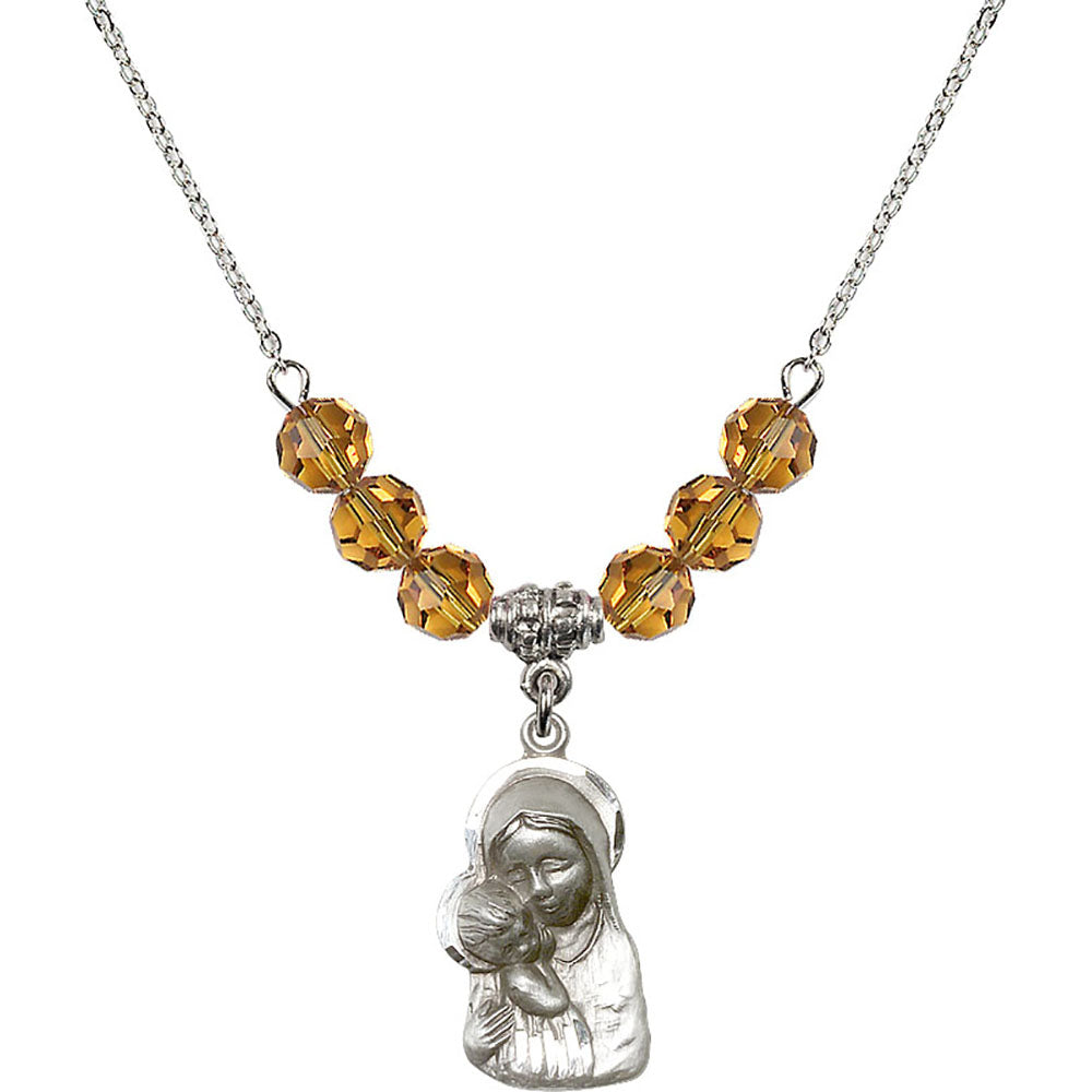 Sterling Silver Madonna & Child Birthstone Necklace with Topaz Beads - 1612