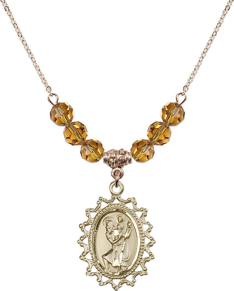 14kt Gold Filled Saint Christopher Birthstone Necklace with Topaz Beads - 1619