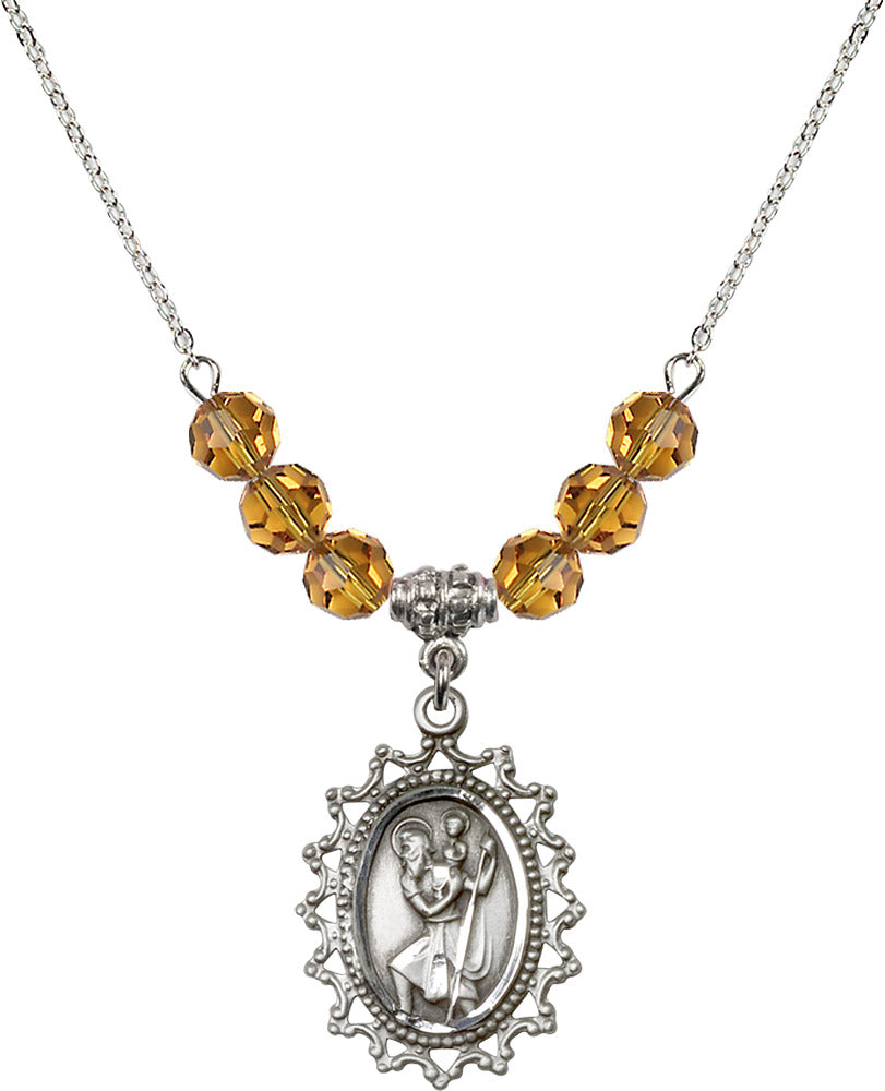 Sterling Silver Saint Christopher Birthstone Necklace with Topaz Beads - 1619