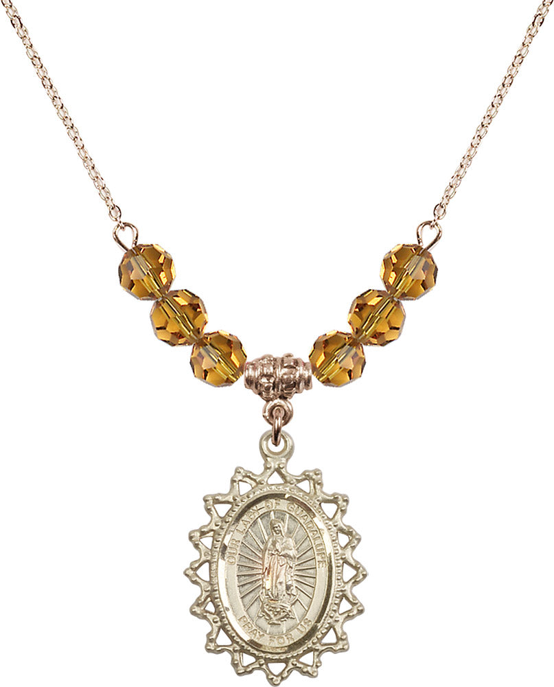 14kt Gold Filled Our Lady of Guadalupe Birthstone Necklace with Topaz Beads - 1619