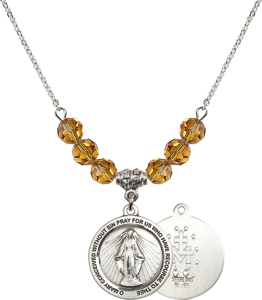 Sterling Silver Miraculous Birthstone Necklace with Topaz Beads - 4056