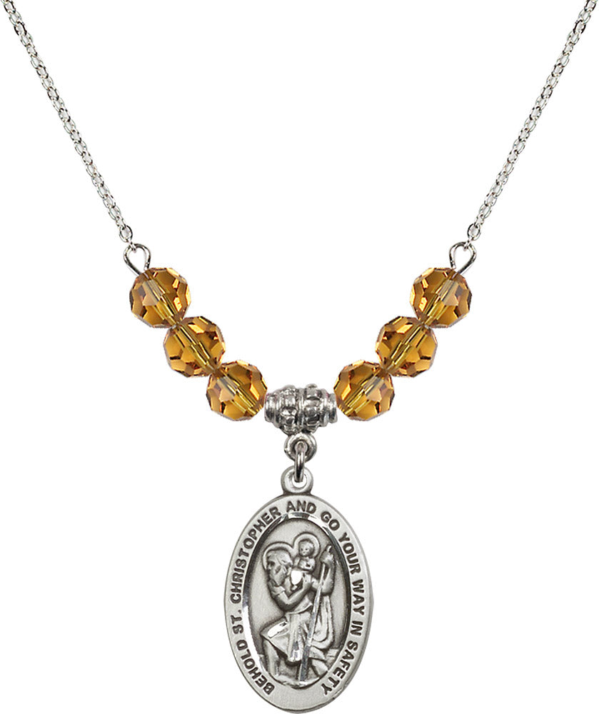 Sterling Silver Saint Christopher Birthstone Necklace with Topaz Beads - 4123