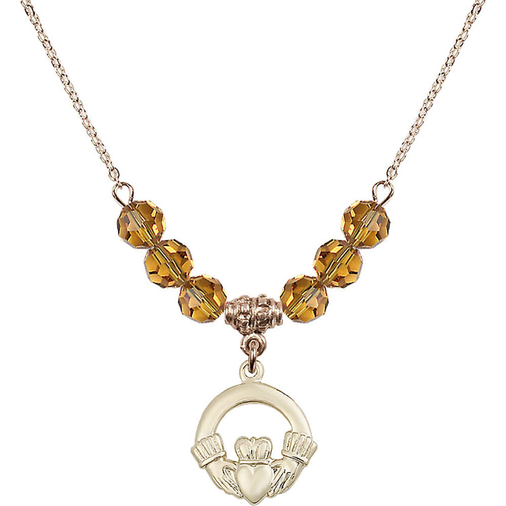 14kt Gold Filled Claddagh Birthstone Necklace with Topaz Beads - 4138
