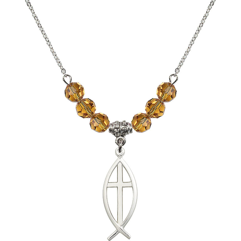 Sterling Silver Fish / Cross Birthstone Necklace with Topaz Beads - 4252