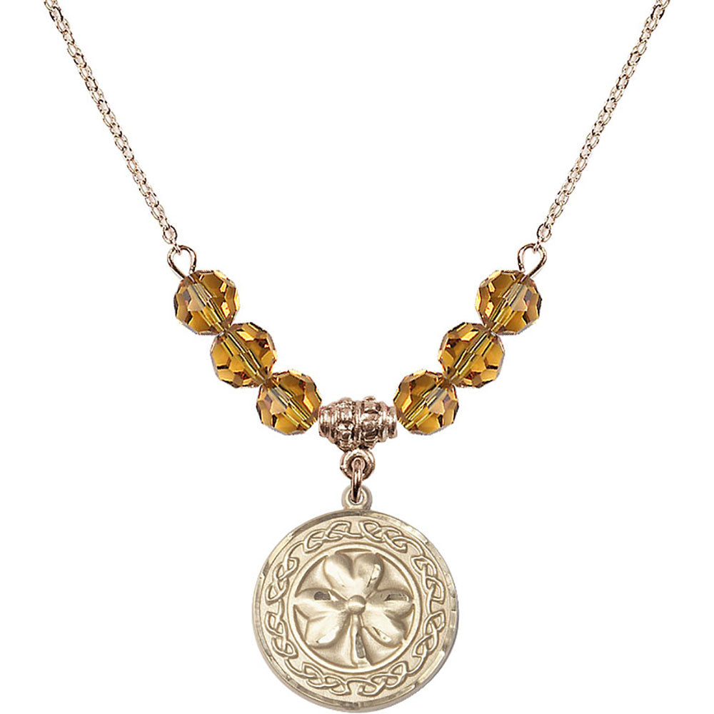 14kt Gold Filled Shamrock w/ Celtic Border Birthstone Necklace with Topaz Beads - 5106