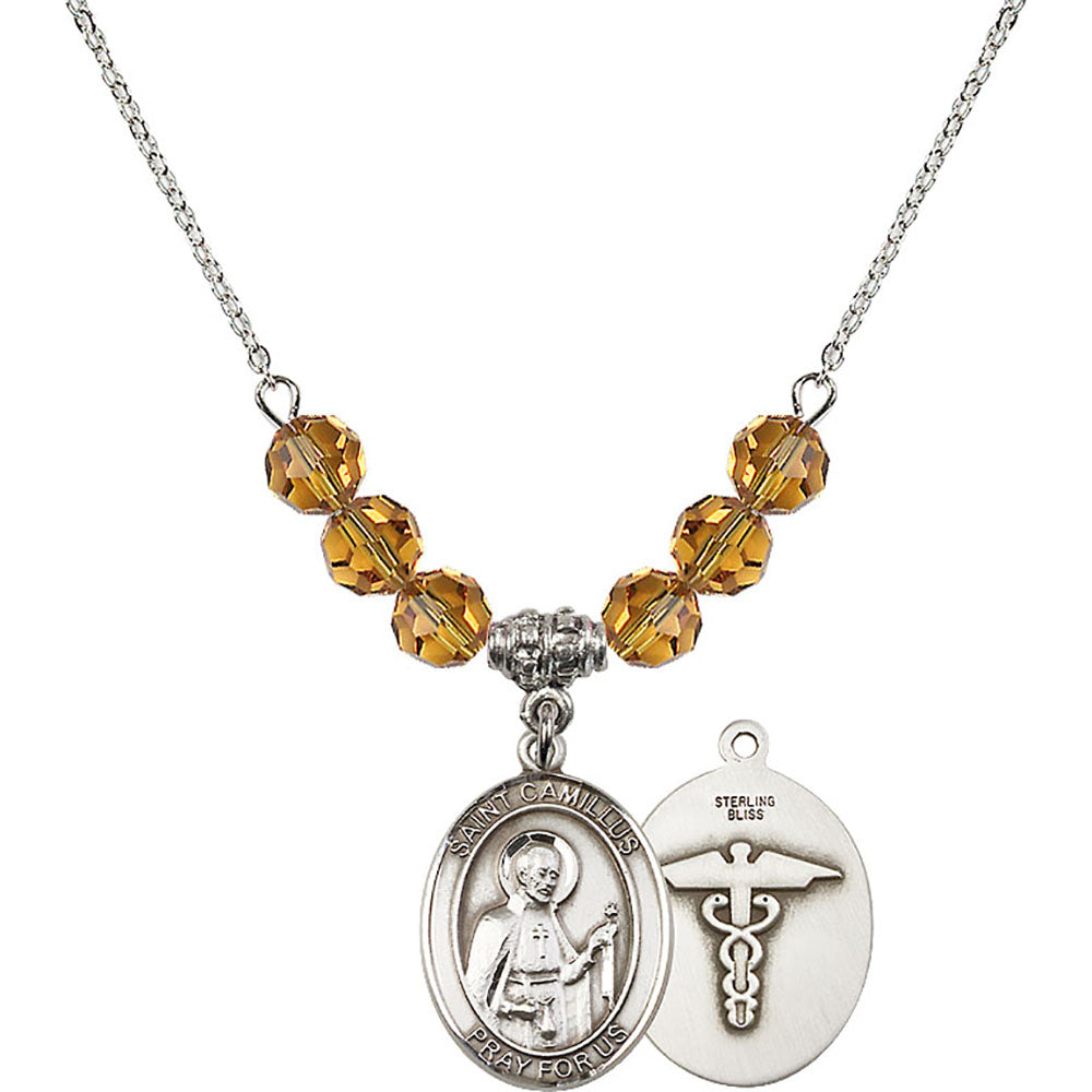 Sterling Silver Saint Camillus of Lellis / Nurse Birthstone Necklace with Topaz Beads - 8019
