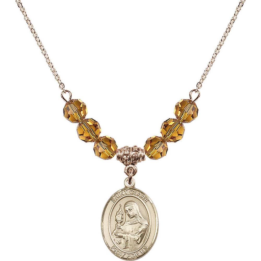14kt Gold Filled Saint Clare of Assisi Birthstone Necklace with Topaz Beads - 8028