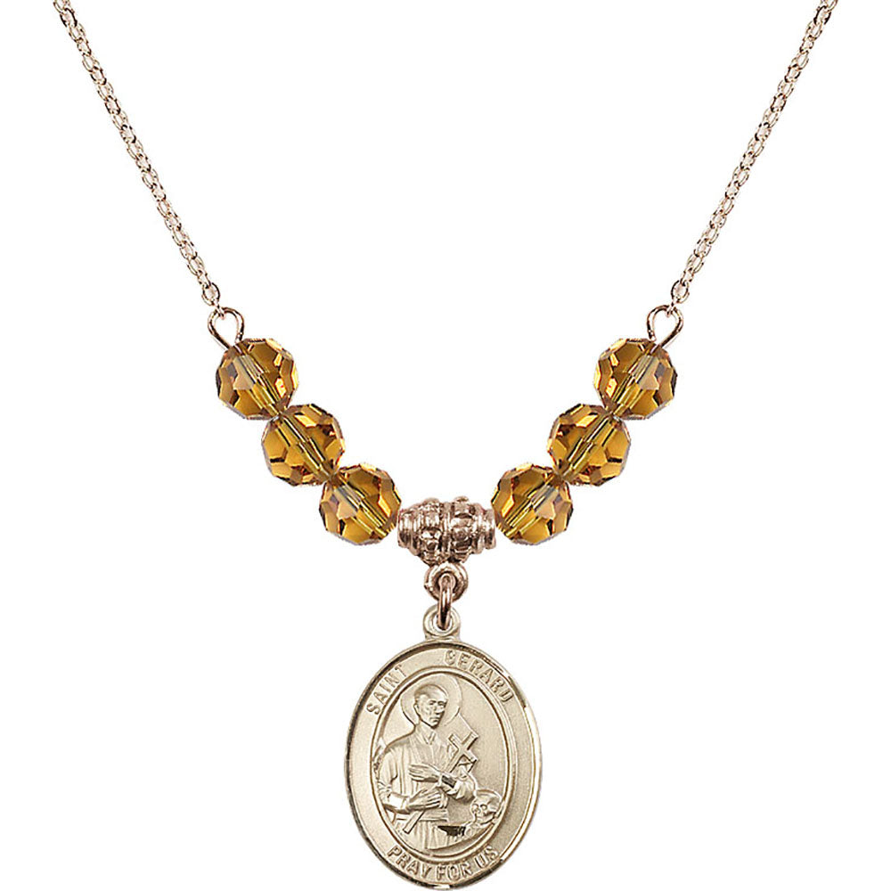 14kt Gold Filled Saint Gerard Majella Birthstone Necklace with Topaz Beads - 8042