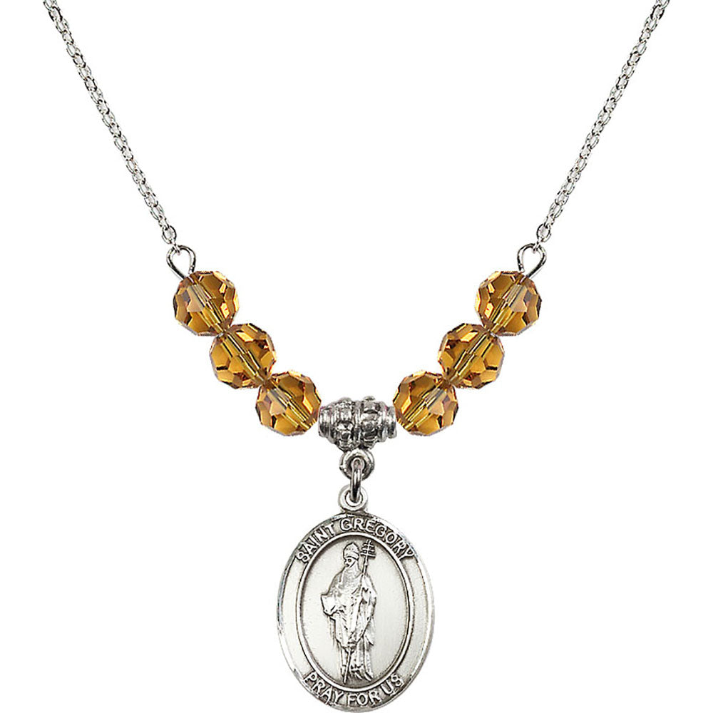 Sterling Silver Saint Gregory the Great Birthstone Necklace with Topaz Beads - 8048