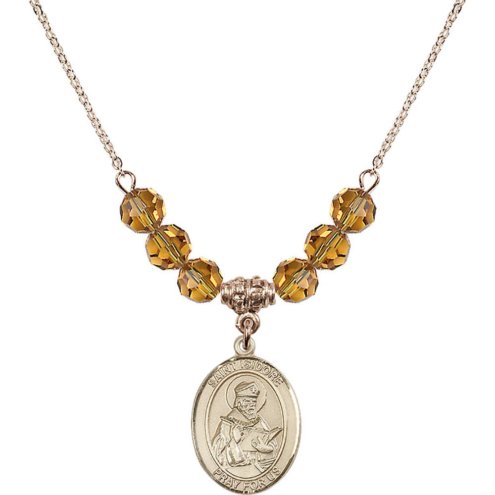 14kt Gold Filled Saint Isidore of Seville Birthstone Necklace with Topaz Beads - 8049