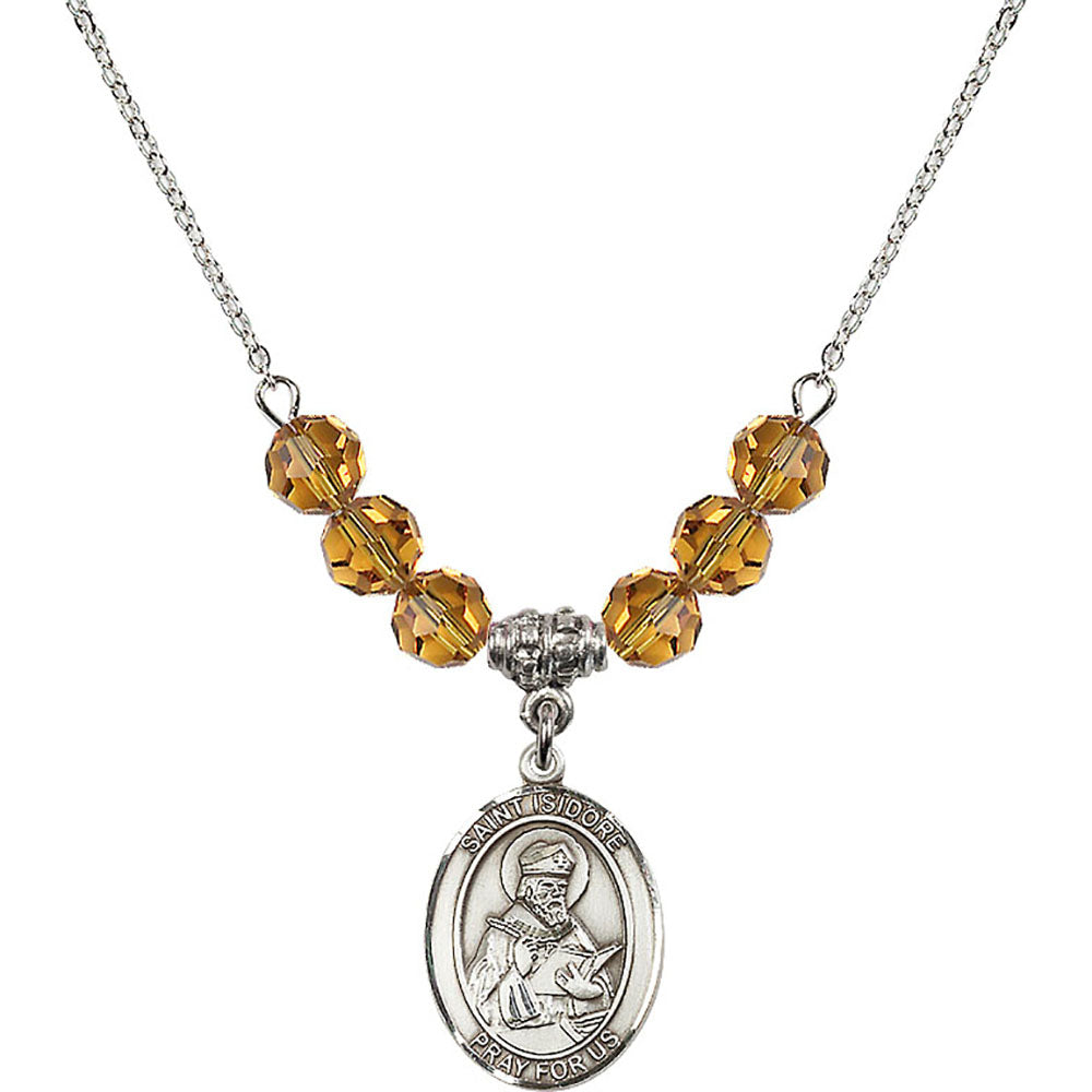 Sterling Silver Saint Isidore of Seville Birthstone Necklace with Topaz Beads - 8049