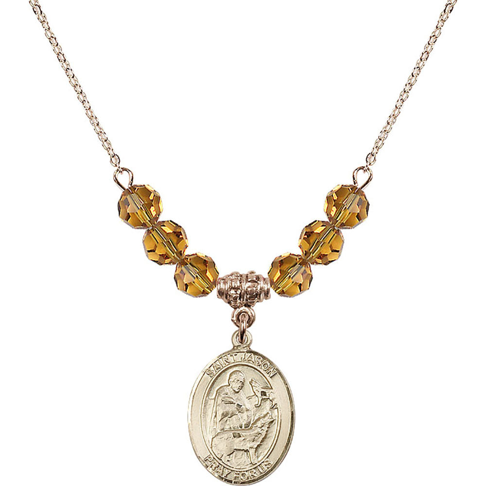 14kt Gold Filled Saint Jason Birthstone Necklace with Topaz Beads - 8051