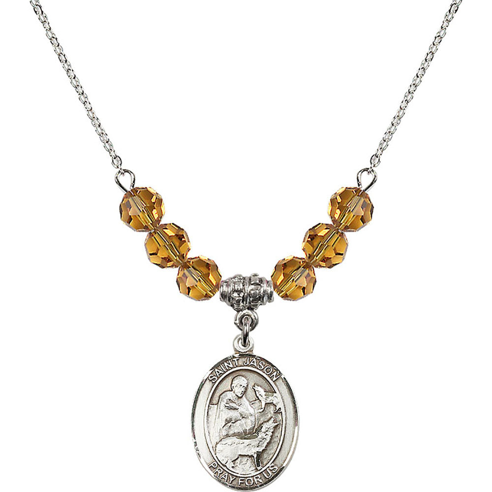 Sterling Silver Saint Jason Birthstone Necklace with Topaz Beads - 8051