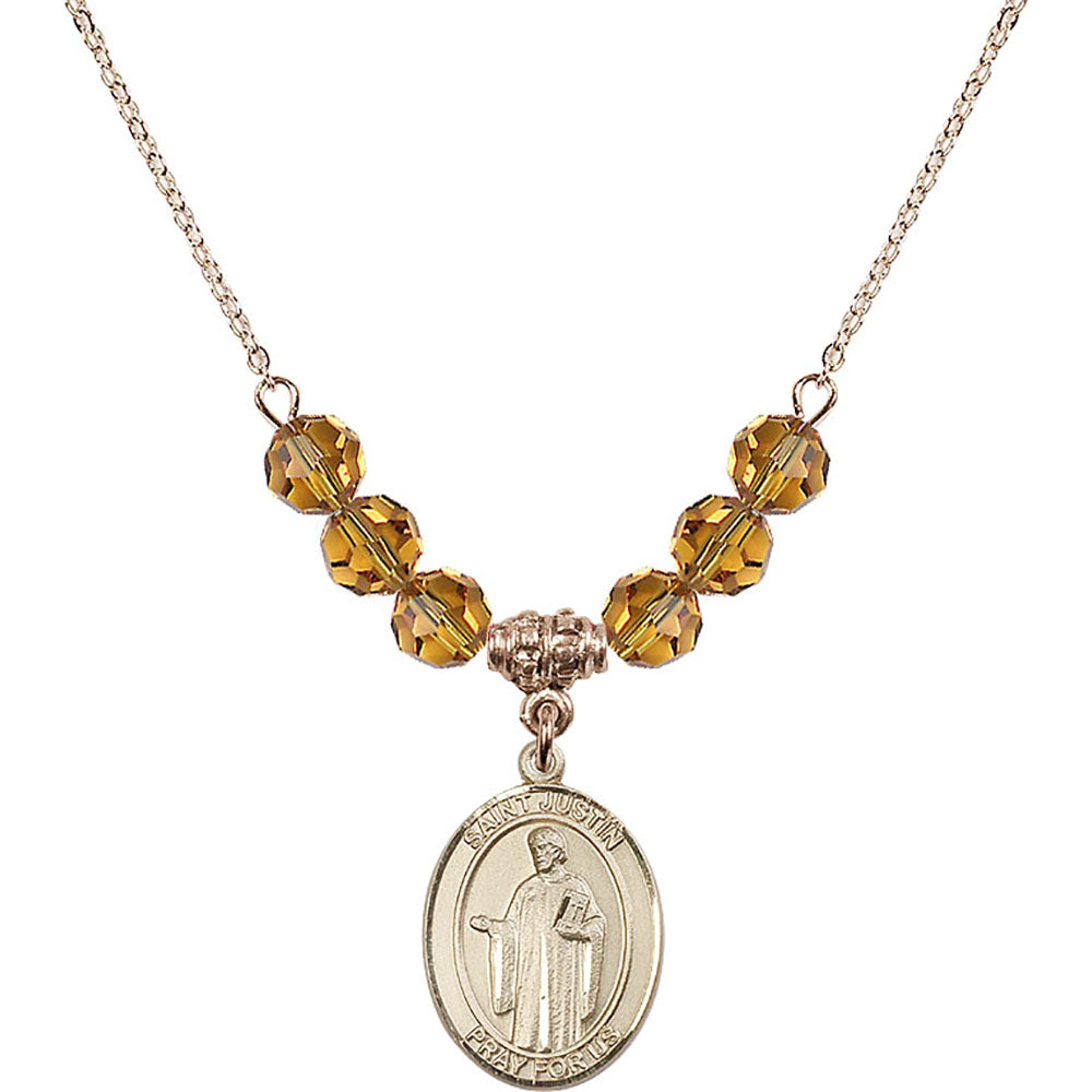 14kt Gold Filled Saint Justin Birthstone Necklace with Topaz Beads - 8052