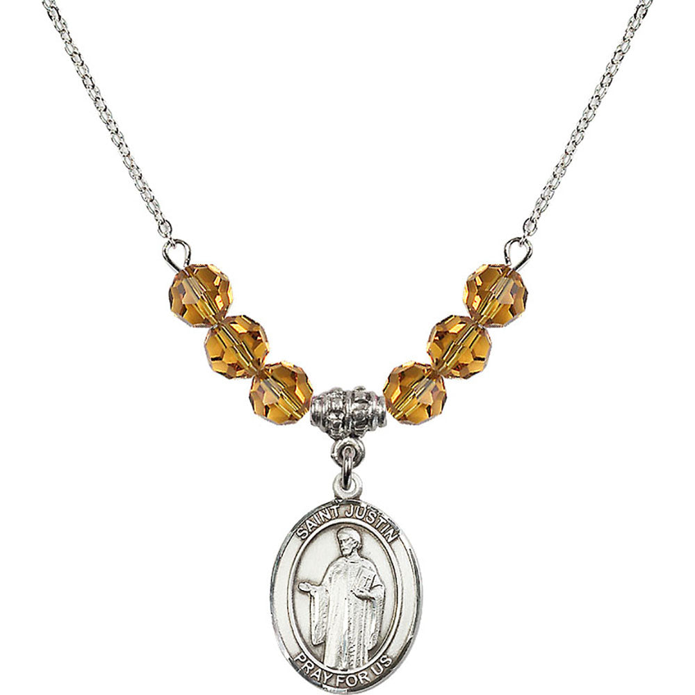 Sterling Silver Saint Justin Birthstone Necklace with Topaz Beads - 8052