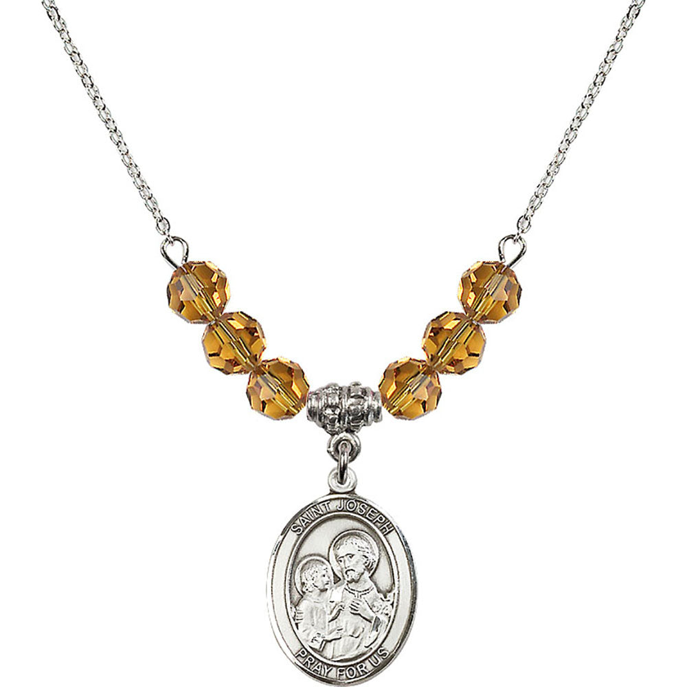Sterling Silver Saint Joseph Birthstone Necklace with Topaz Beads - 8058