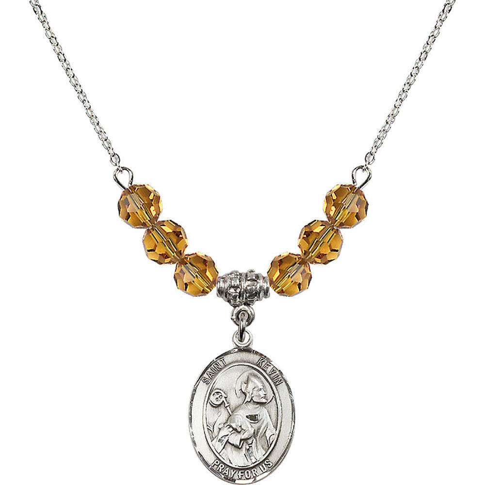 Sterling Silver Saint Kevin Birthstone Necklace with Topaz Beads - 8062