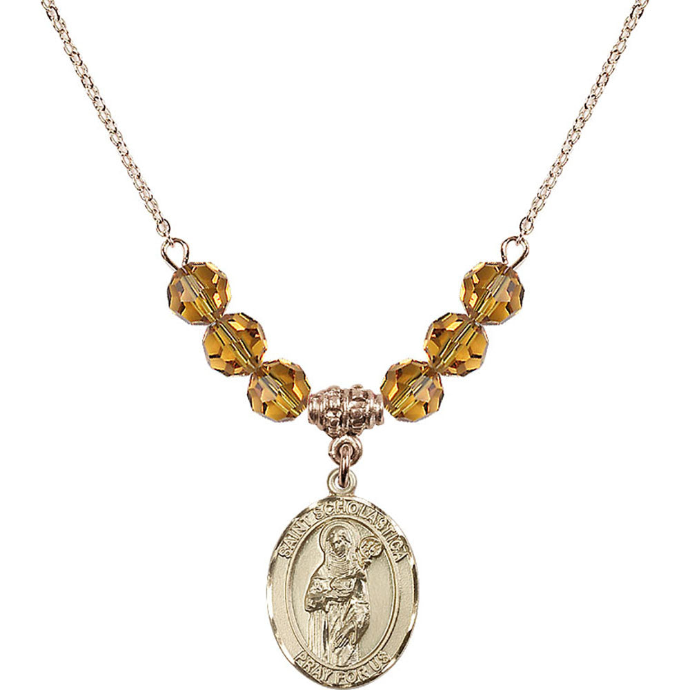 14kt Gold Filled Saint Scholastica Birthstone Necklace with Topaz Beads - 8099