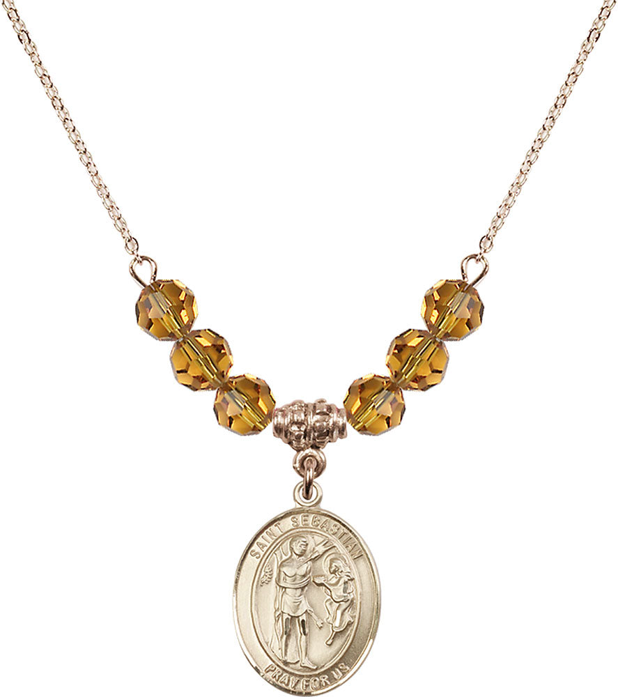 14kt Gold Filled Saint Sebastian Birthstone Necklace with Topaz Beads - 8100