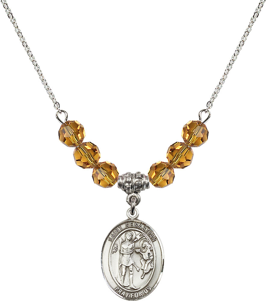Sterling Silver Saint Sebastian Birthstone Necklace with Topaz Beads - 8100