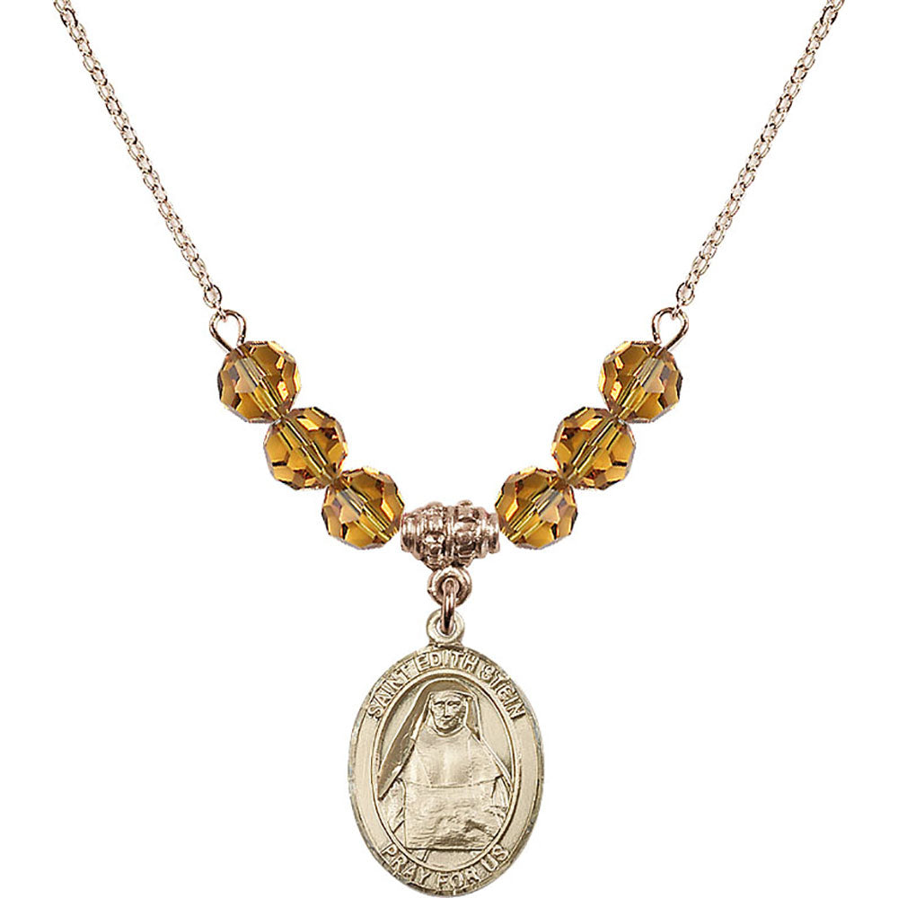 14kt Gold Filled Saint Edith Stein Birthstone Necklace with Topaz Beads - 8103