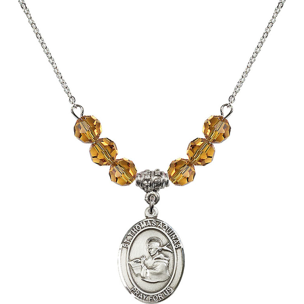 Sterling Silver Saint Thomas Aquinas Birthstone Necklace with Topaz Beads - 8108