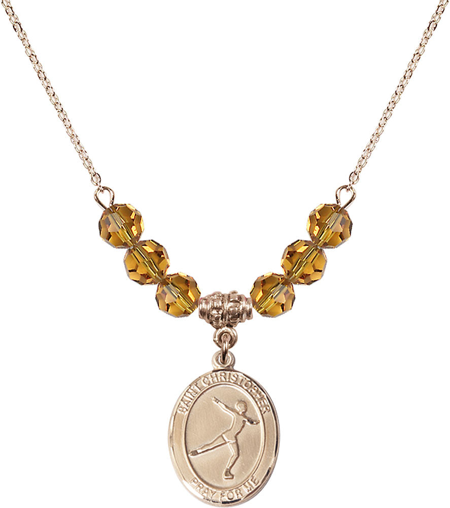 14kt Gold Filled Saint Christopher/Figure Skating Birthstone Necklace with Topaz Beads - 8139