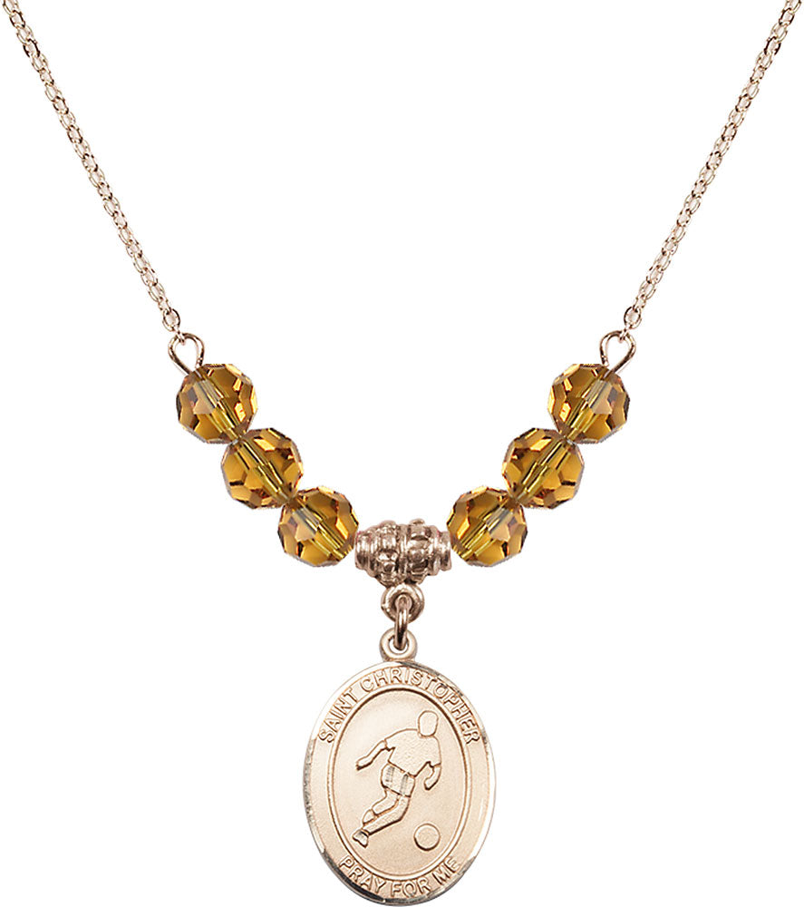14kt Gold Filled Saint Christopher/Soccer Birthstone Necklace with Topaz Beads - 8154