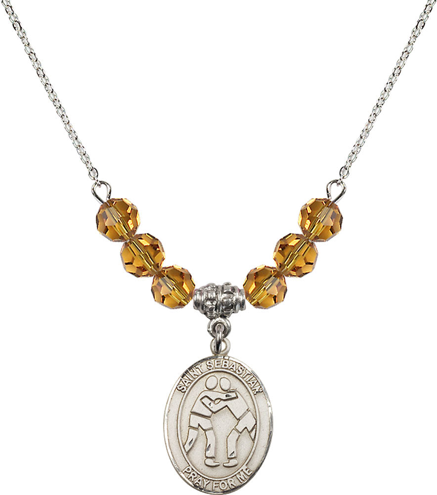 Sterling Silver Saint Sebastian/Wrestling Birthstone Necklace with Topaz Beads - 8171