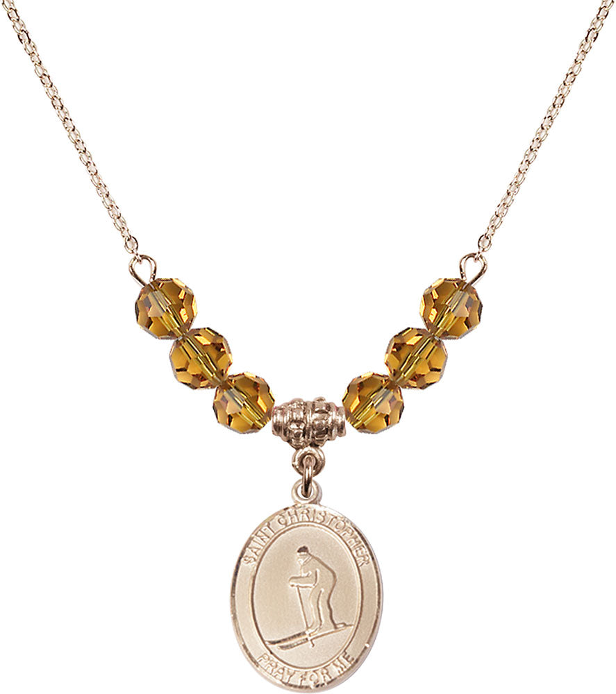 14kt Gold Filled Saint Christopher / Skiing Birthstone Necklace with Topaz Beads - 8193