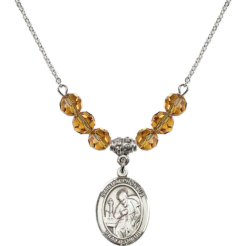 Sterling Silver Saint Alphonsus Birthstone Necklace with Topaz Beads - 8221