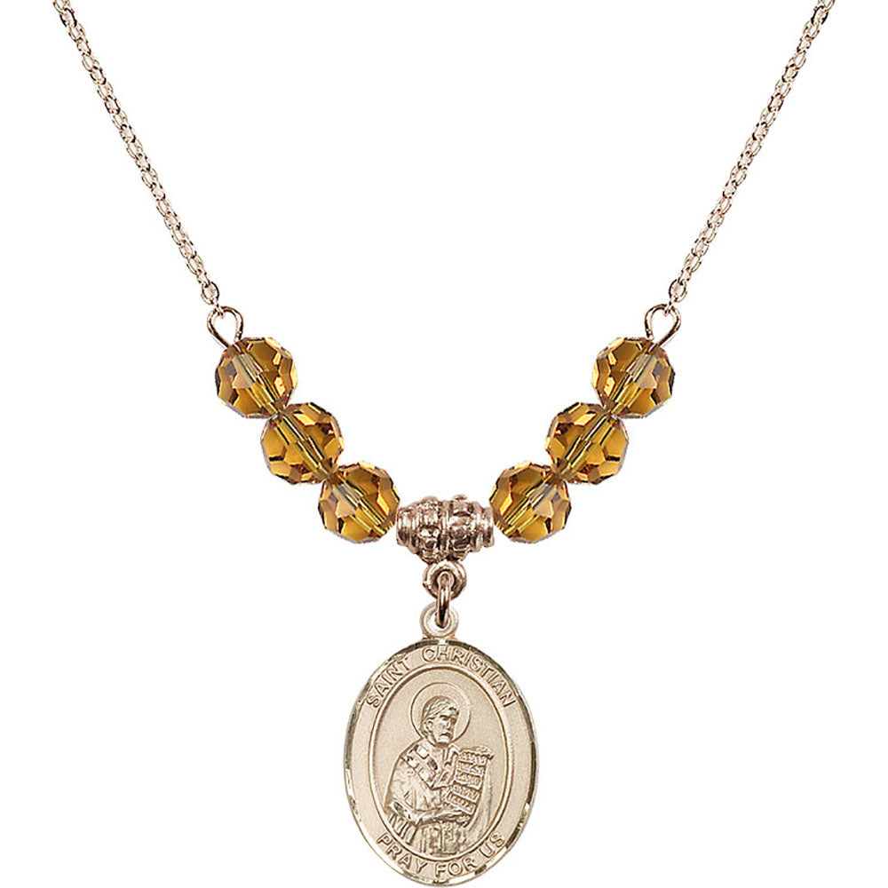 14kt Gold Filled Saint Christian Demosthenes Birthstone Necklace with Topaz Beads - 8257
