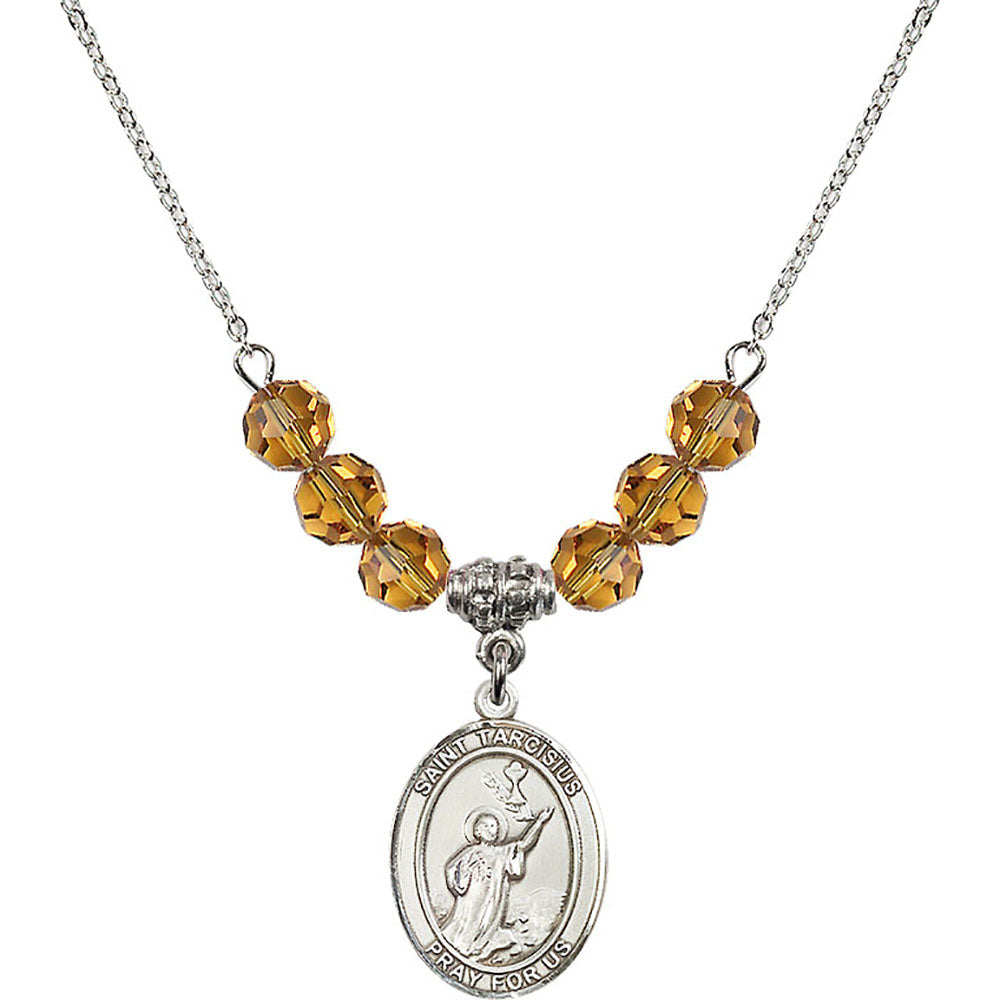 Sterling Silver Saint Tarcisius Birthstone Necklace with Topaz Beads - 8261