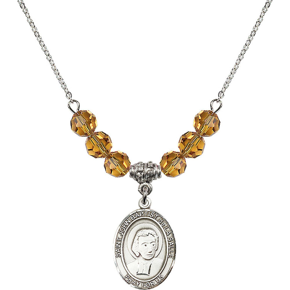 Sterling Silver Saint John Baptist de la Salle Birthstone Necklace with Topaz Beads - 8262