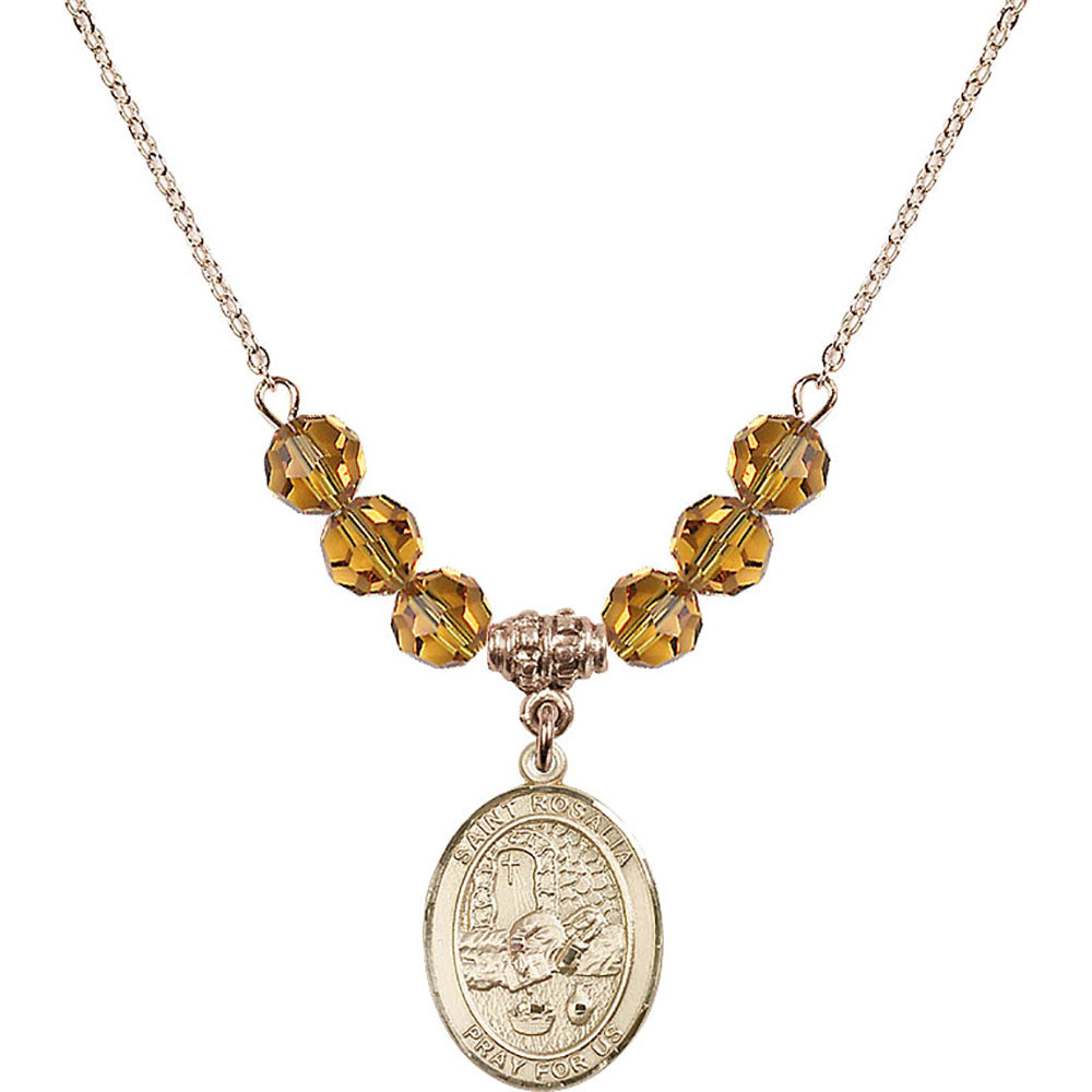 14kt Gold Filled Saint Rosalia Birthstone Necklace with Topaz Beads - 8309